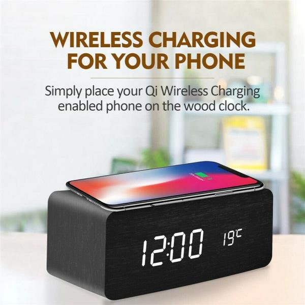 Smart Wireless Charging Wooden  Alarm Clock